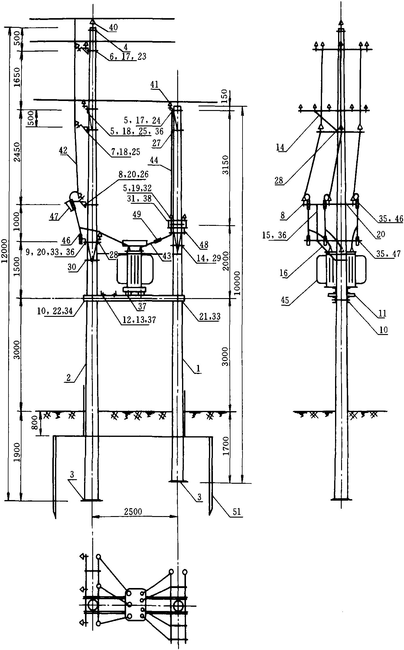 图8-5 BT-5，12m直线型双杆变台安装图